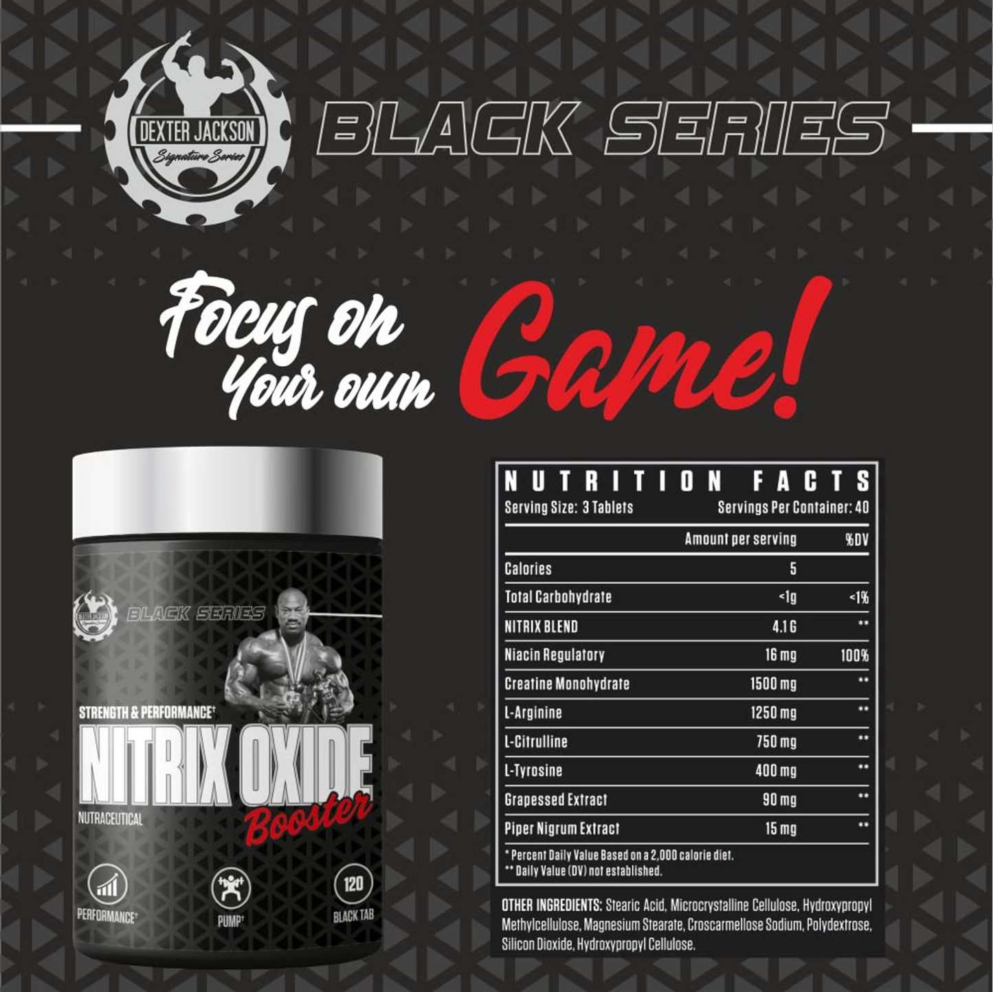Detailed supplement breakdown: 1500mg creatine monohydrate, 1250mg L-arginine, 750mg L-citrulline, 400mg L-tyrosine, 90mg grapeseed extract, 15mg piper nigrum extract, and 100% DV niacin (16mg)