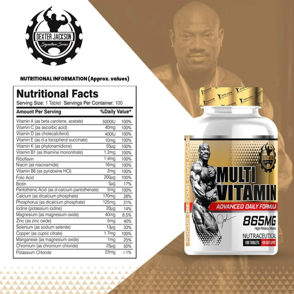 Dexter Jackson Elite Multi-Vitamin – 100% Daily Value of 18 Essential Vitamins & Minerals. Includes 5000IU Vitamin A, 400mg Vitamin C, and 100% DV Vitamin D3/K/B-Complex. 100 Tablets for Peak Performance, nutritional facts