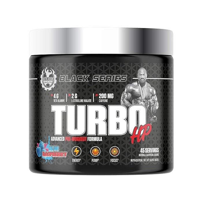 Black Series TURBO HP pre-workout in Blue Raspberry Flavor, 45 servings, designed to boost energy, strength, and mental focus