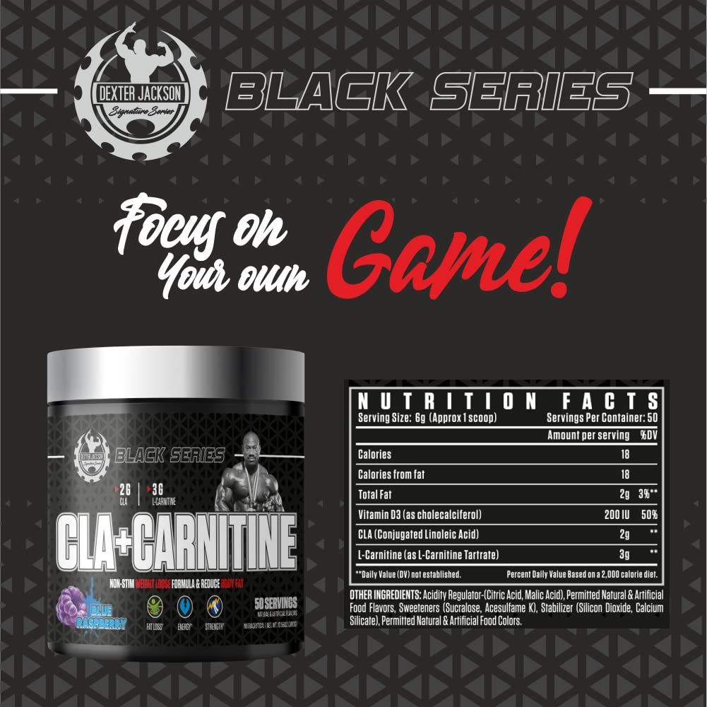 Dexter Jackson Black Series CLA + Carnitine – non-stim fat burner with 2g CLA and 3g L-Carnitine per serving, 50 servings per container