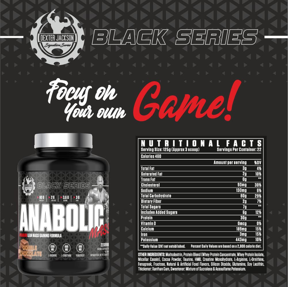 Dexter Jackson Black Series Anabolic Gainer – Clinically Dosed 30g Protein (Whey/Casein Blend) + 80g Carb Matrix. Features HMB for Anti-Catabolism & Fenugreek for Nutrient Absorption. 22-Serving Tub, overview