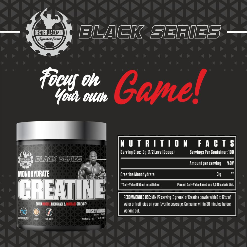 100% Pure Creatine Monohydrate – No Fillers, Additives or Artificial Ingredients. 3g Per Serving (100 Doses). Dexter Jackson's Pro-Grade Formula, nutrition facts