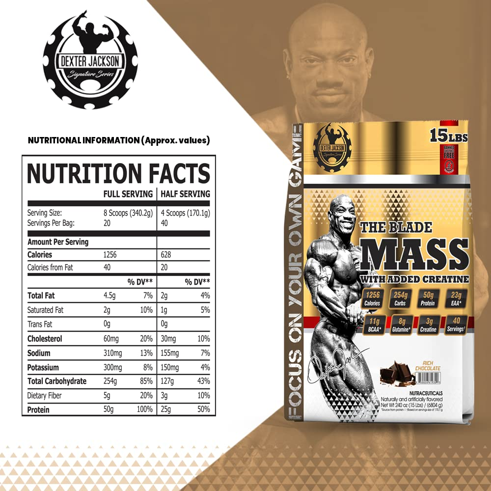 Premium Weight Gainer Powder – The Blade Mass by Dexter Jackson | 1256 Calories, 50g Protein, Creatine Monohydrate. No Sugar, Lactose-Free, Soy Lecithin. Best for Bulking & Muscle Recovery, nutrition facts