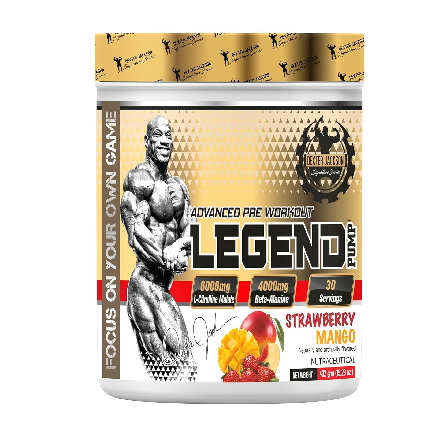 Dexter Jackson Legend Pump – Advanced Pre-Workout Supplement | Strawberry Mango | 432g | 30 Servings, front view