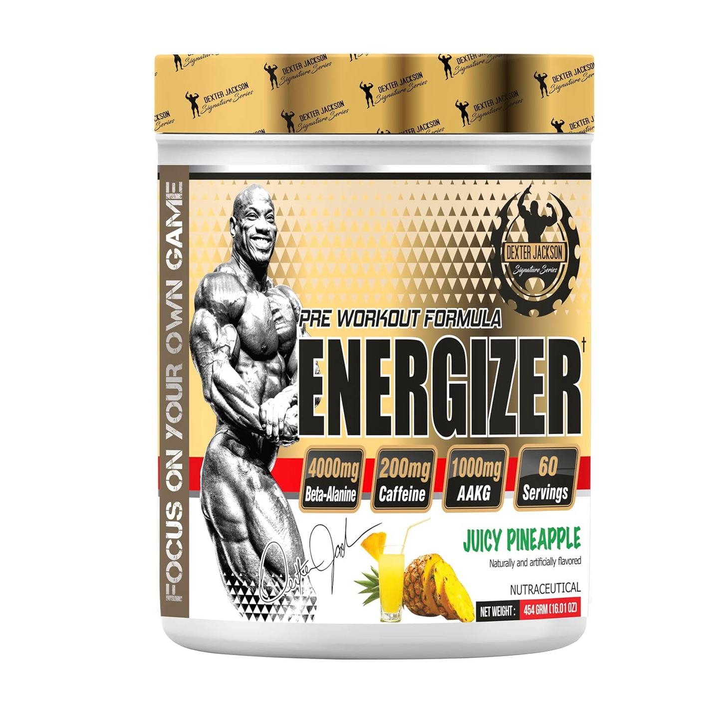 Dexter Jackson Gold Series Energizer – Energy, Endurance & Focus Supplement | Caffeine, Creatine, Beta-Alanine – No Sugar, Vegetarian, Juicy Pineapple Flavor, front view