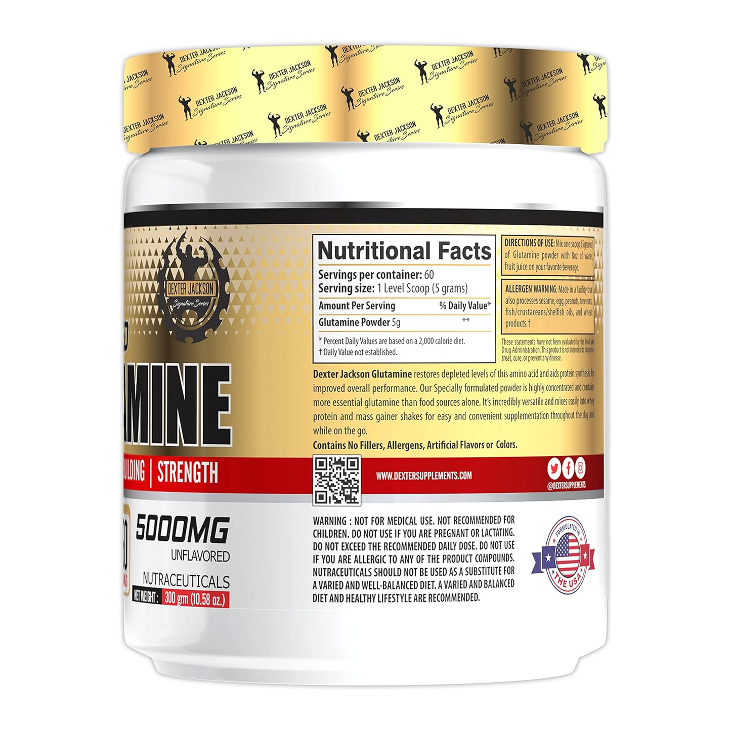 Muscle Builder Glutamine Powder – 5g Micronized Formula per Serving. Reduces Soreness, Improves Recovery & Strength Gains. 60 Doses per Container, side view