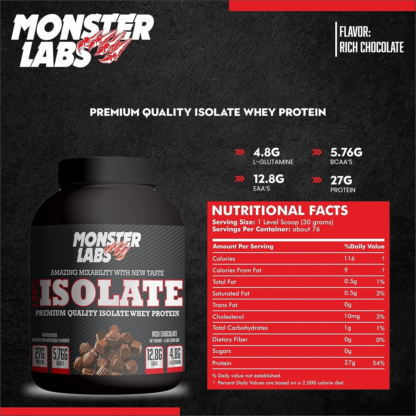 Monster Labs-100% Isolate Whey Protein | Rich Chocolate Flavour|5 Lbs-2.26 Kg| 76 Servings