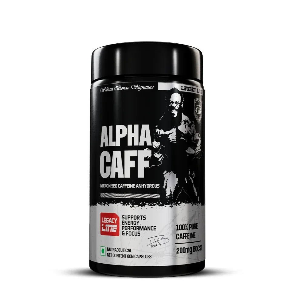 Alpha Caff supplement container with black and white design on a white background