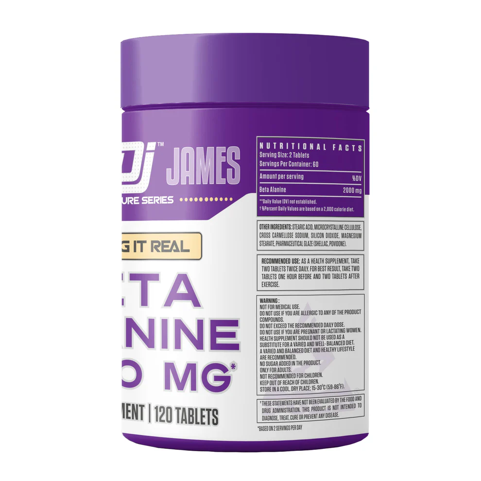 Dennis James Beta-Alanine Supplement Label – 2000mg per Serving (120 Tablets) for Endurance & Workout Performance – Adult Use Only