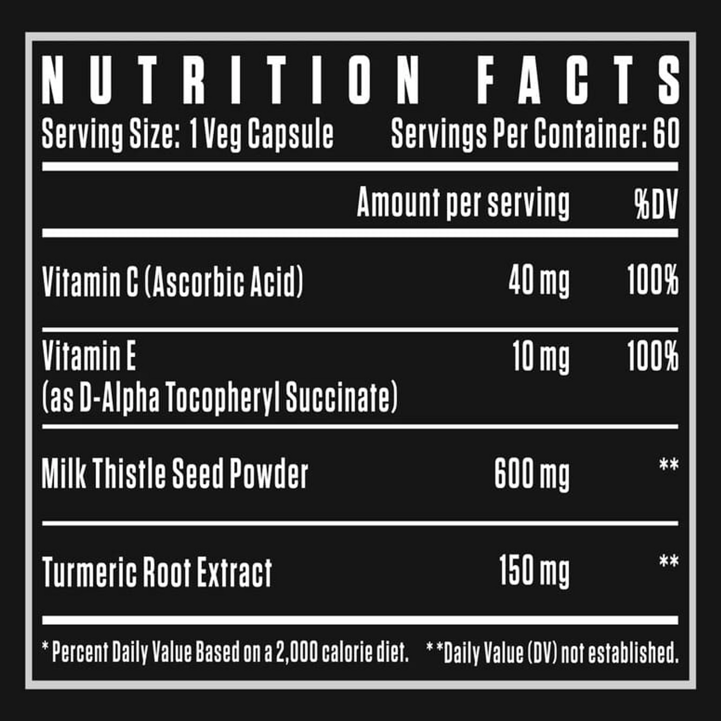 Supplement Nutrition Facts label showing 1 veg capsule per serving, 60 servings per container, with 40mg Vitamin C, 10mg Vitamin E, 600mg Milk Thistle Seed Powder, and 150mg Turmeric Root Extract