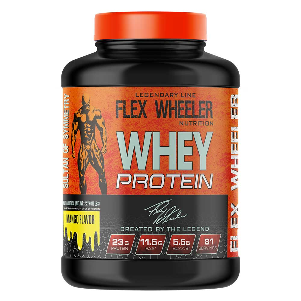 Flex Wheeler Whey Protein - 23g Premium Protein per Serving with 5.5g BCAAs (81 Servings), mango flavor