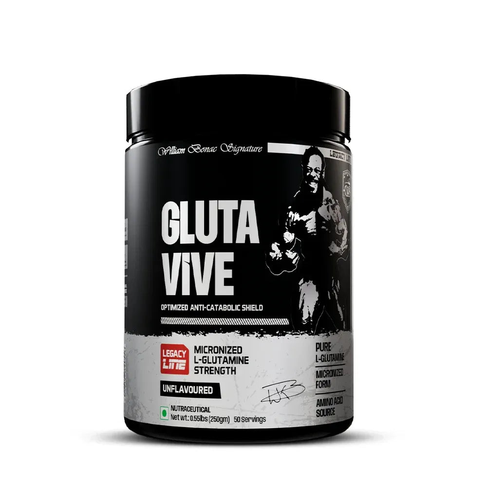 Gluta Vive supplement container with black and white design on a white background