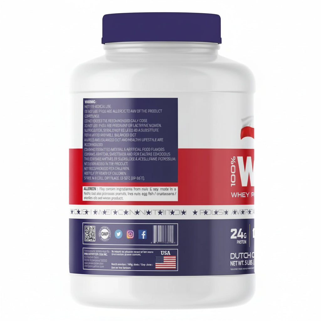 Protein powder container with a blue and red label on a white background