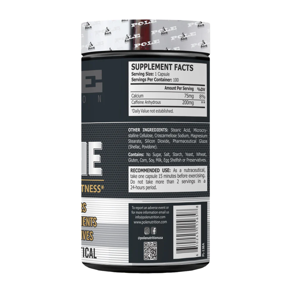 Pole Nutrition 200mg Pure Caffeine Capsules - 100 Count for Energy & Focus - No Fillers or Additives