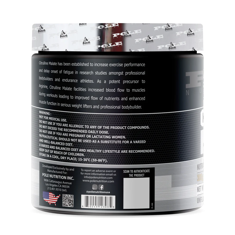 2000mg Per Serving Citrulline Malate - Pole Nutrition's Vasodilation Formula for Pumps & Recovery