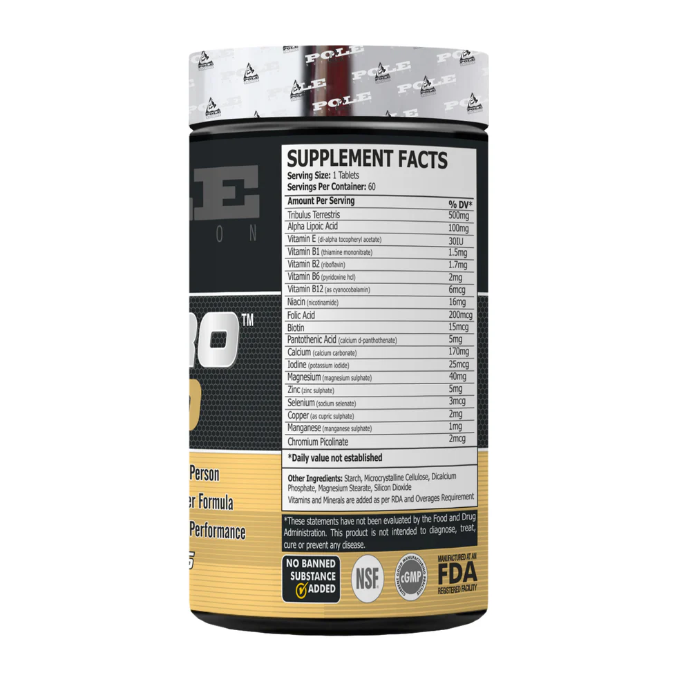 Pole Nutrition Testro Gold - Natural Testosterone Support with Tribulus 500mg & Essential Vitamins (60 Gold Tablets)