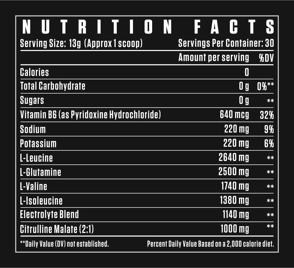 Turbo BCAA supplement with 5.7g BCAAs, 2.5g glutamine, 1g citrulline malate, plus electrolytes and vitamin B6 for hydration and performance, nutrition facts