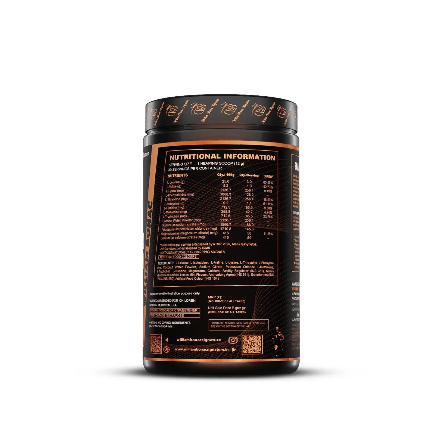 Nutritional information label on a supplement container with a white background for william bonac legend eaa max hydration