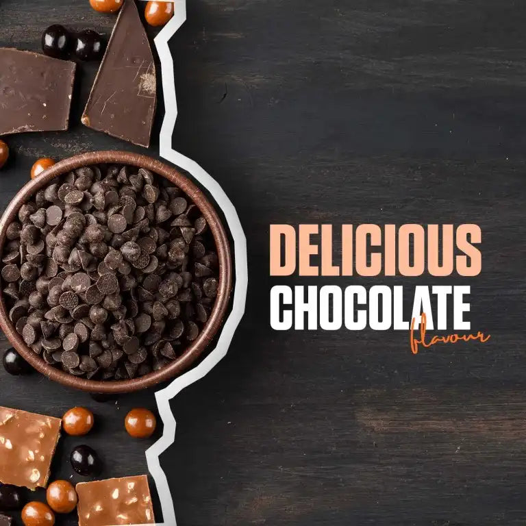 Chocolate chips in a bowl with chocolate bars and candies on a dark background, featuring the text 'Delicious Chocolate Flavour'.