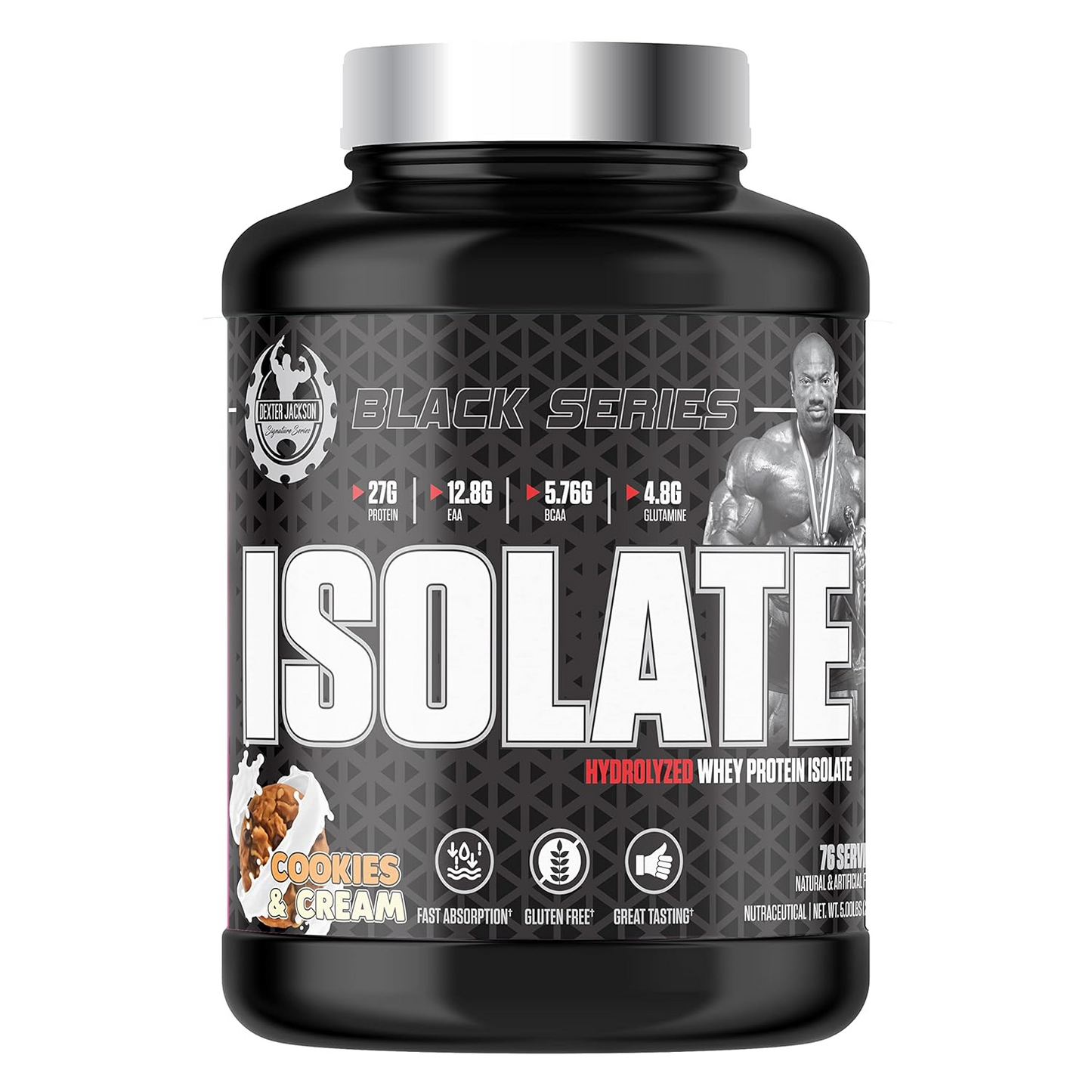 Dexter Jackson Black Series ISOLATE protein powder with 27g hydrolyzed whey isolate per serving in Cookies & Cream flavor