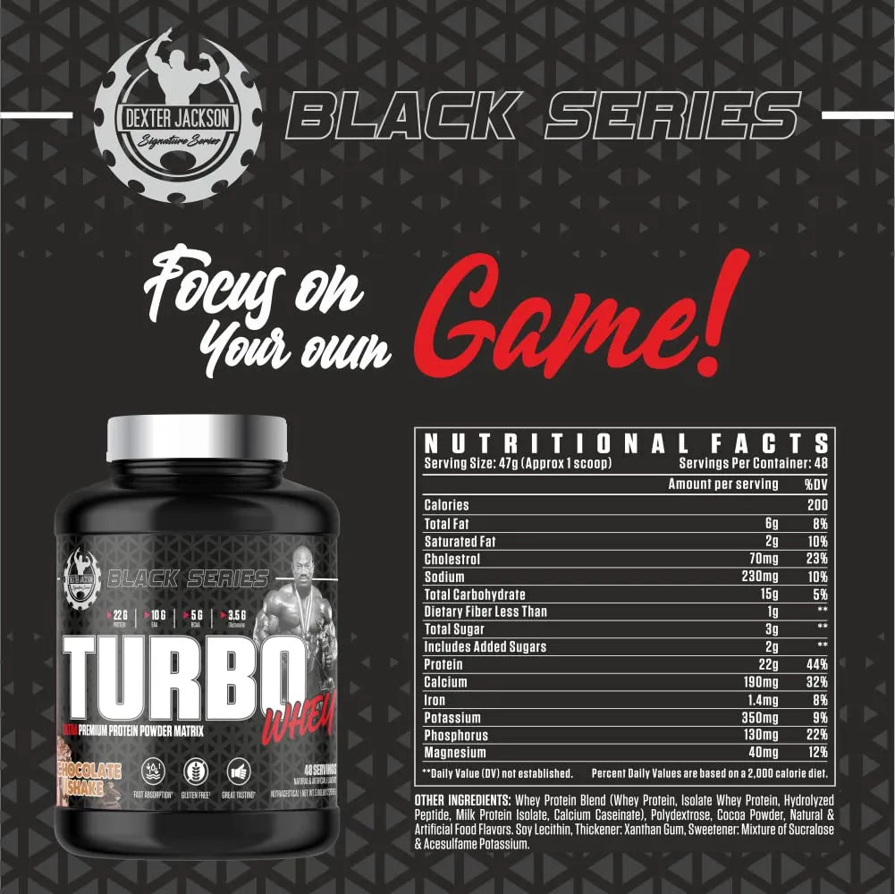 Dexter Jackson Black Series Turbo Whey Protein – Chocolate Shake, 48 servings, 22g protein per scoop for muscle growth and recovery, nutritional facts