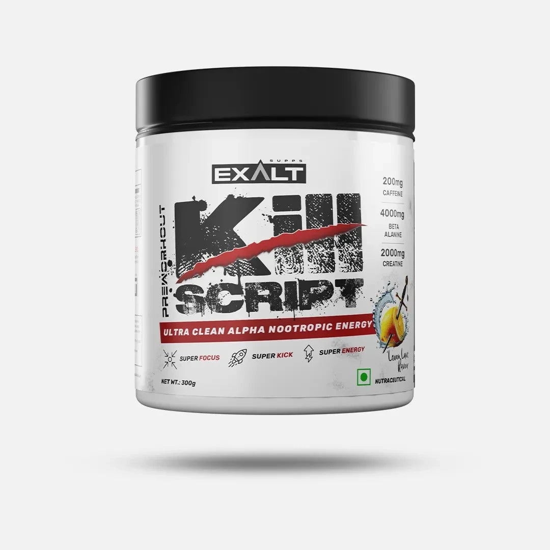 Exalt Kill Script supplement container on a white background
