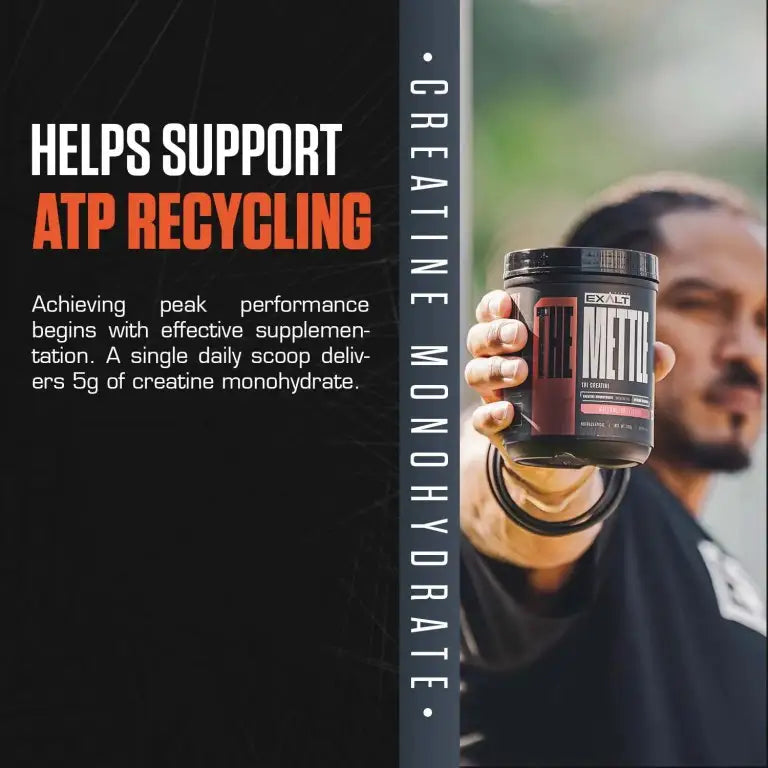 Person holding a supplement container with text about ATP recycling and supplement benefits.