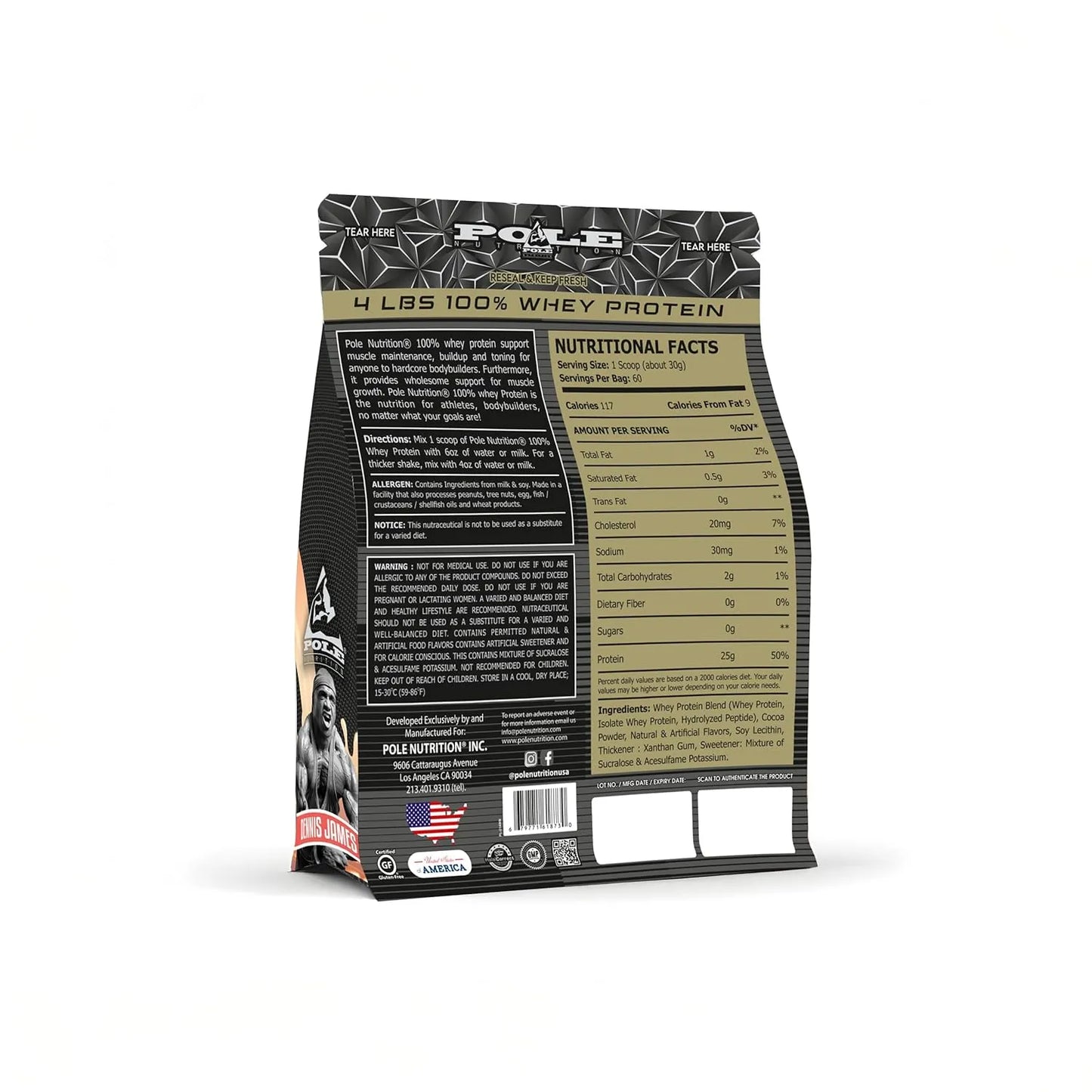 pole whey Protein powder 4 Lbs package with nutritional information on a white background