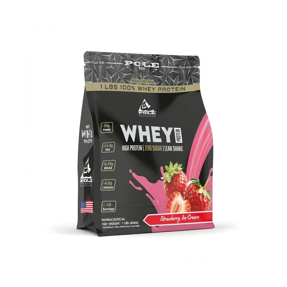 Whey protein package with strawberry ice cream flavor on a white background