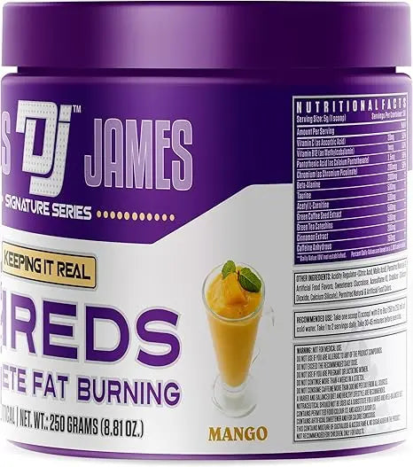 Purple container of DJ James product with a mango shake on the label