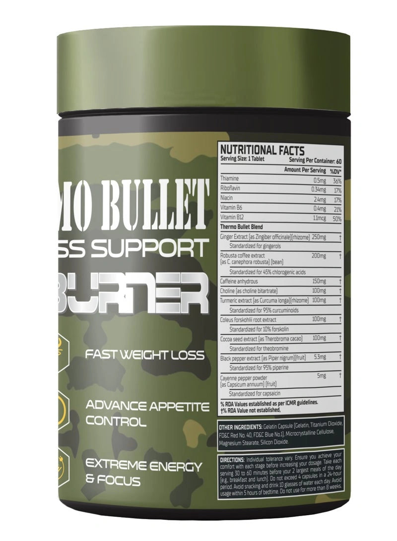 Supplement container labeled 'Thermo Bullet Weight Loss Support Burner' with nutritional facts on a white background.