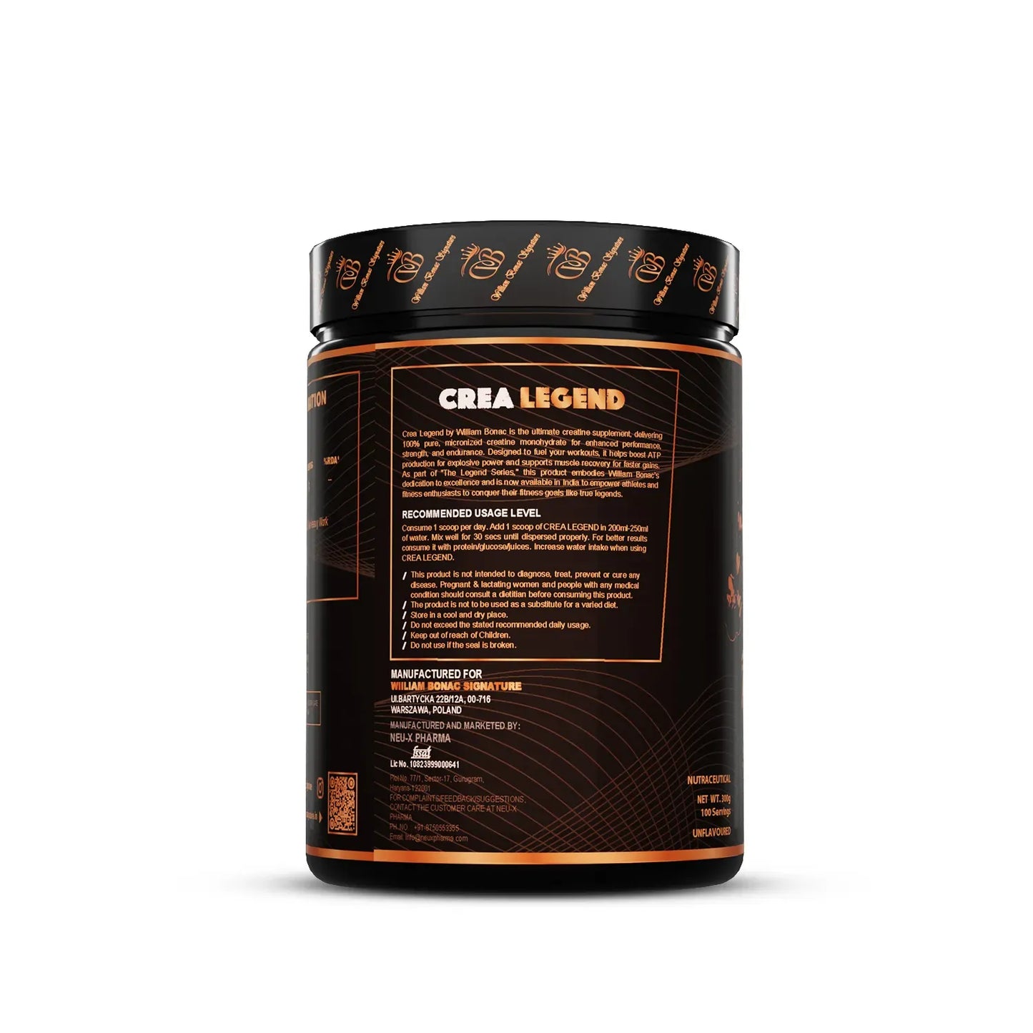 Black supplement container labeled 'Crea Legend' on a white background