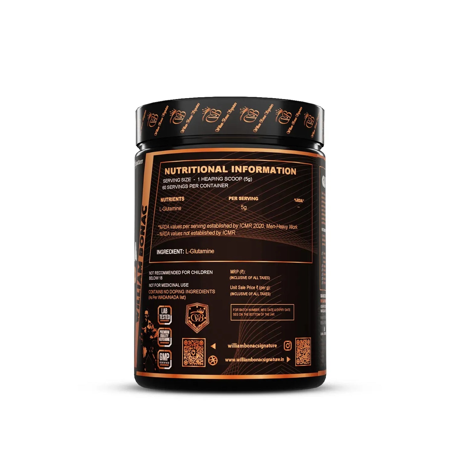 Supplement container with nutritional information on a white background