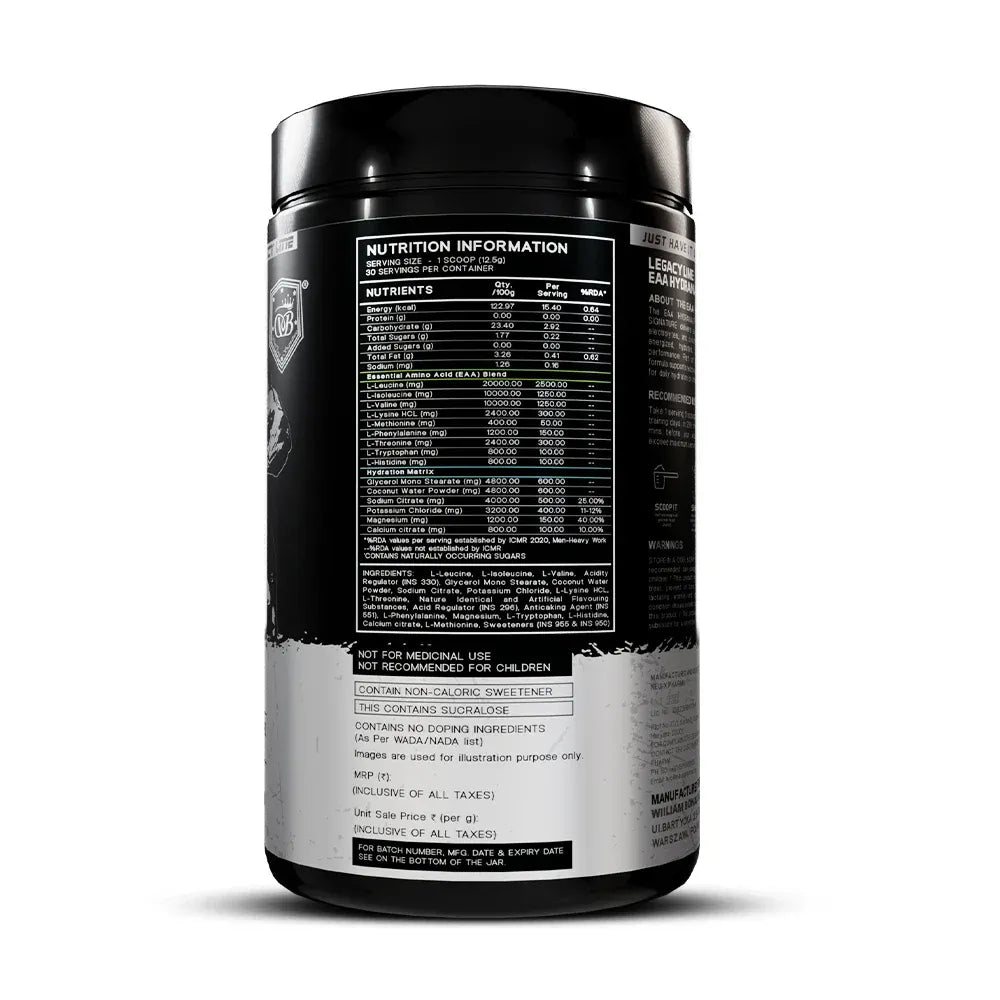 william bonac legacyu line eaa Black supplement container with nutrition information label on a white background