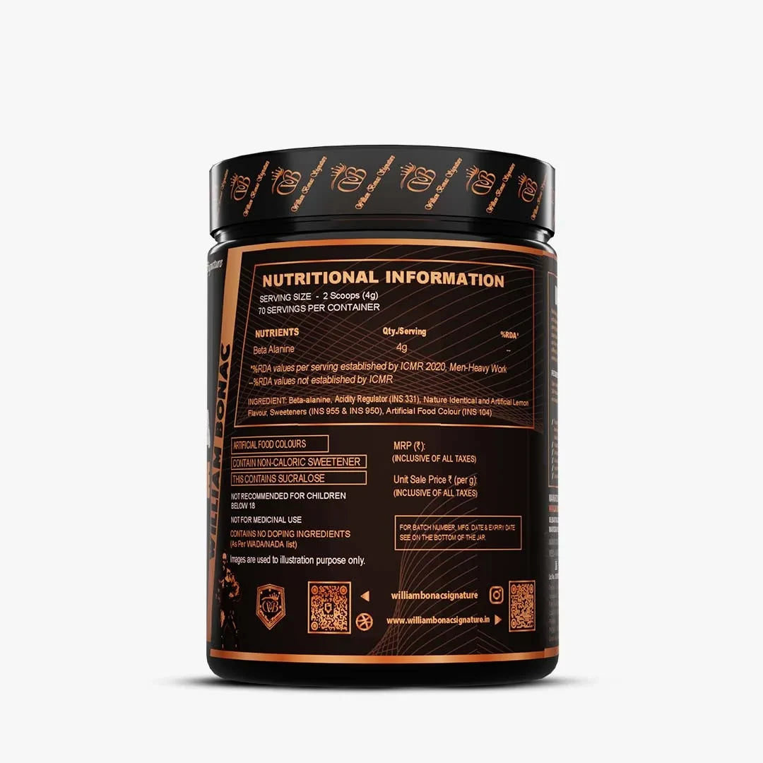 Black supplement container with nutritional information on a white background