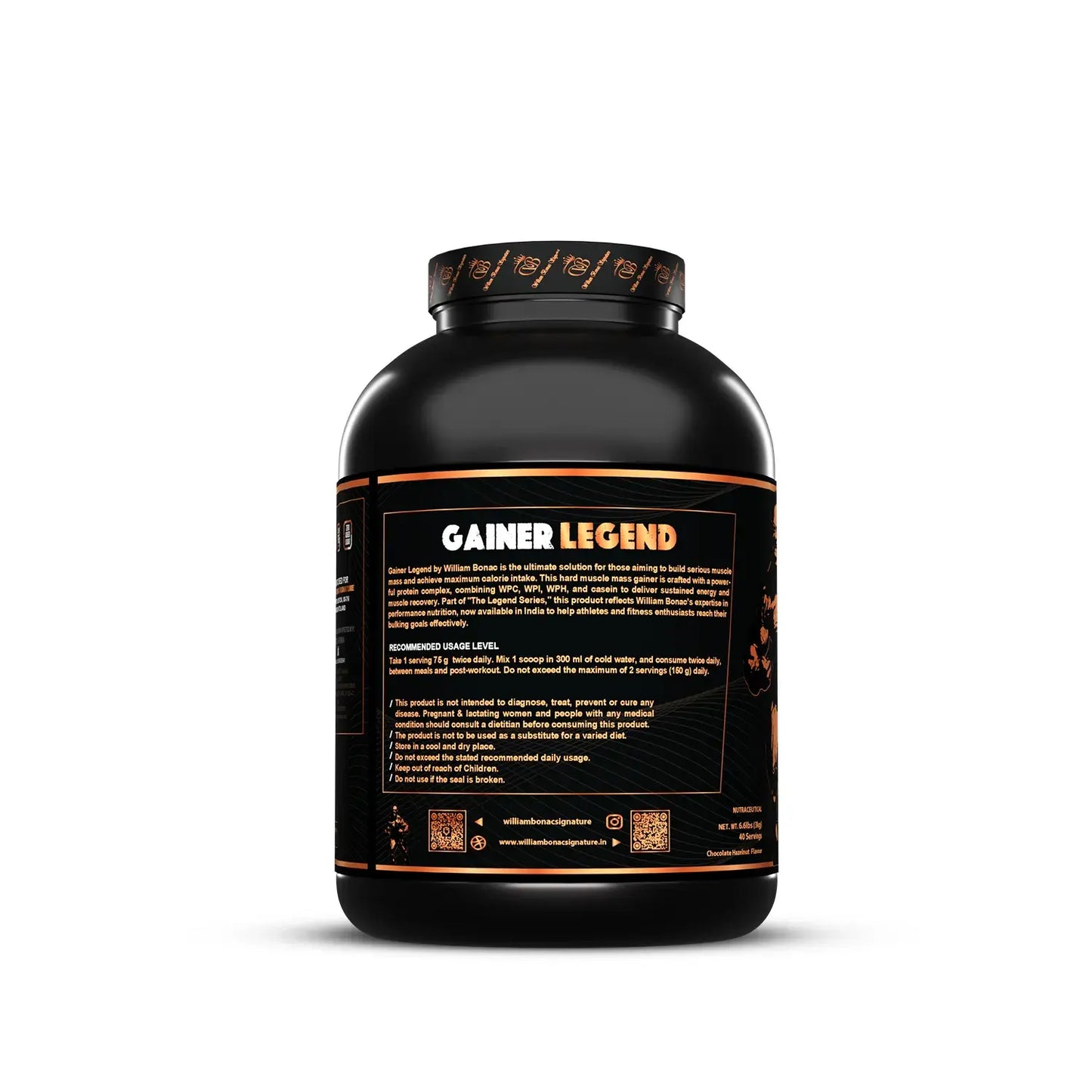 Black supplement container labeled 'Gainer Legend' on a white background
