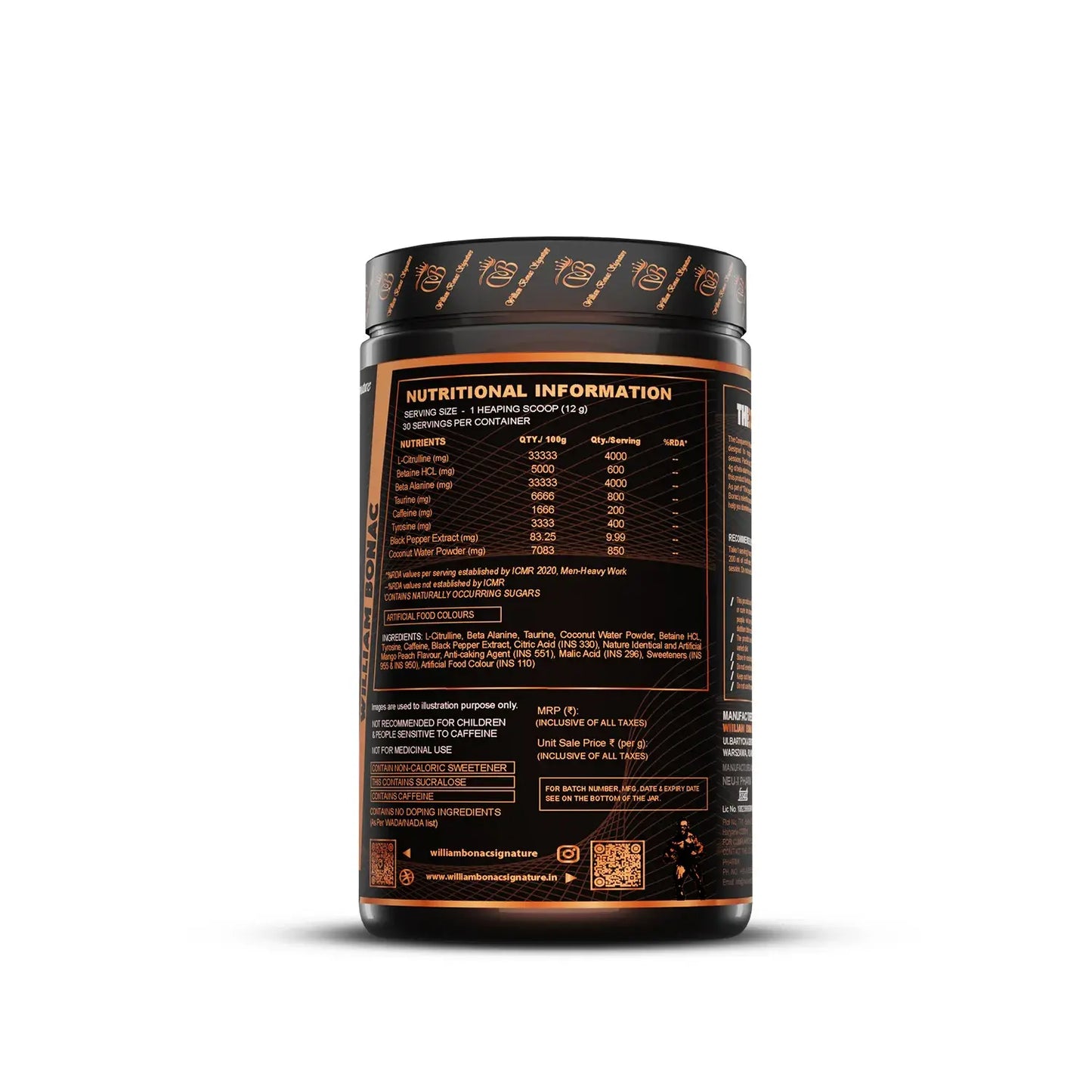 Nutritional information label on a supplement container with a white background