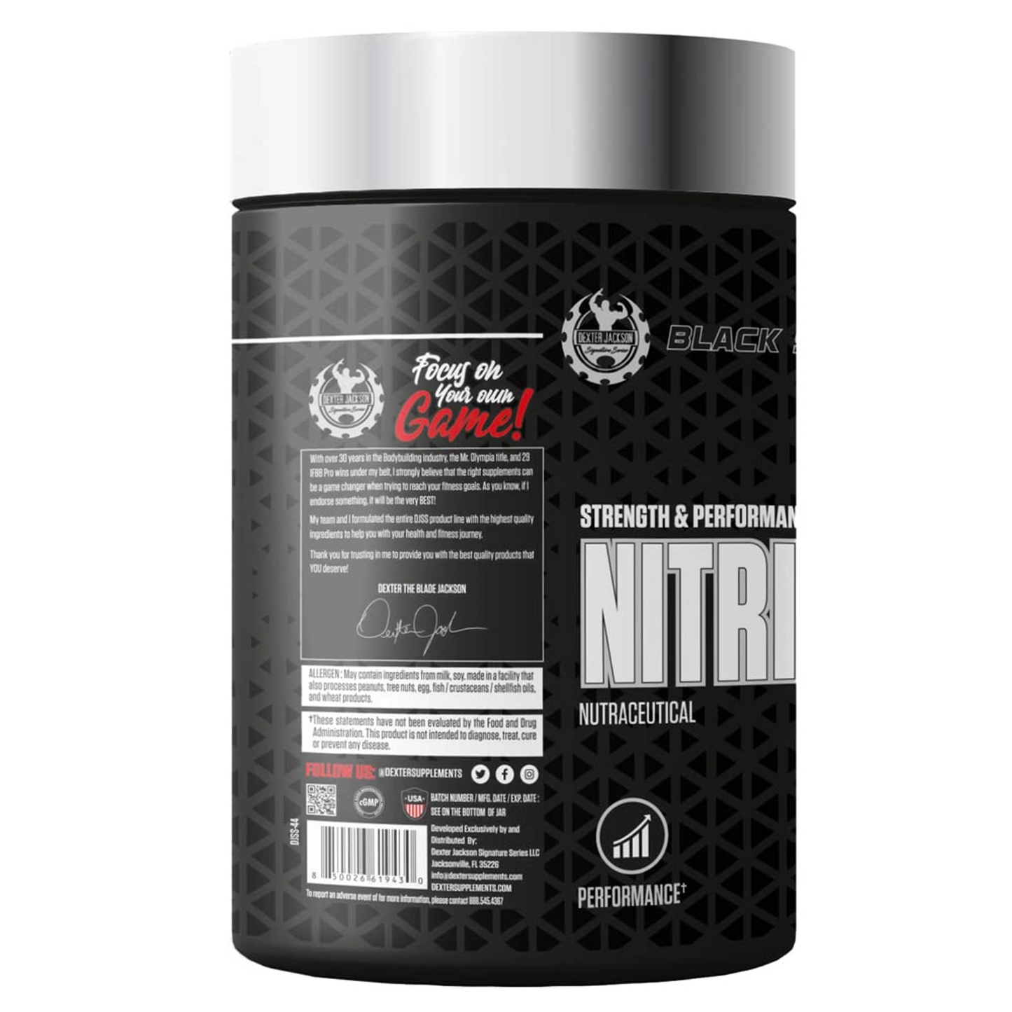 Nitrix Oxide Booster supplement bottle from Dexter Jackson Black Series, labeled for strength and performance, black and silver design, 120 tablets