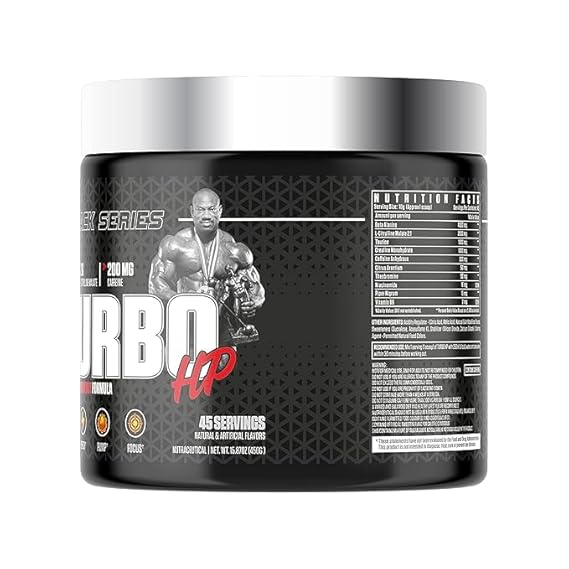 Dexter Jackson Black Series TURBO HP pre-workout with 4g beta alanine, 2g citrulline malate, and 200mg caffeine for energy, pump, and focus