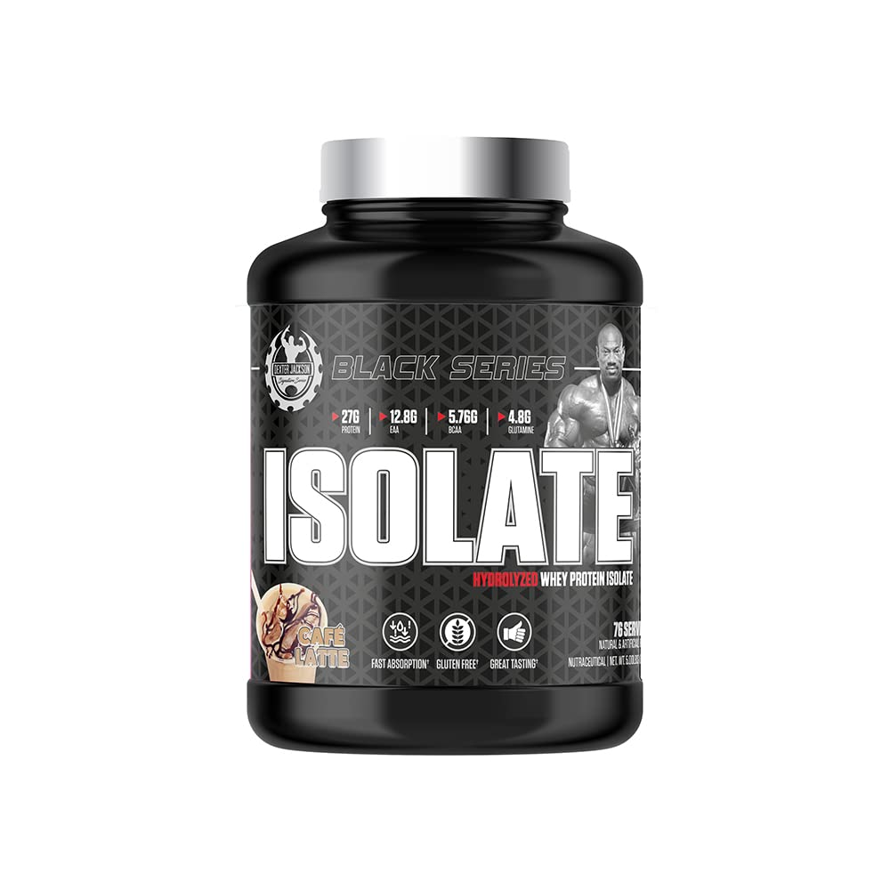 Dexter Jackson Black Series ISOLATE protein powder with 27g hydrolyzed whey isolate per serving in cafe latte flavor