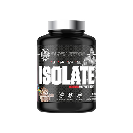 Black Series ISOLATE whey protein isolate, 76 servings per container, with Dexter Jackson branding and supplement facts label