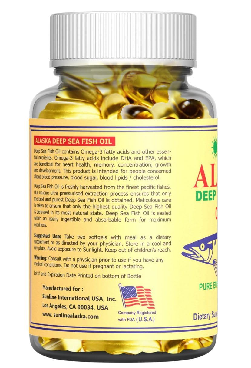 Sunline Alaska Deep Sea Fish Oil Omega-3 supplement bottle with 1000 mg and 100 softgels, containing 180 mg EPA and 120 mg DHA
