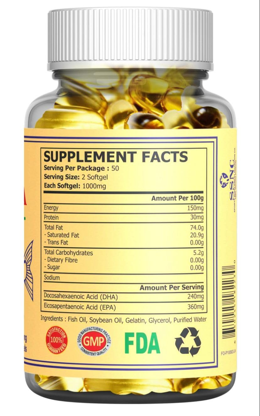 Sunline Alaska Deep Sea Fish Oil Omega-3 supplement bottle with 1000 mg and 100 softgels, containing 180 mg EPA and 120 mg DHA, nutrition facts