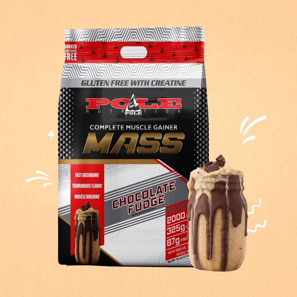Pole Nutrition Mass Gainer | Gluten-Free with Creatine | Chocolate Fudge Flavor | 12 lbs - Complete Formula for Muscle Mass and Strength