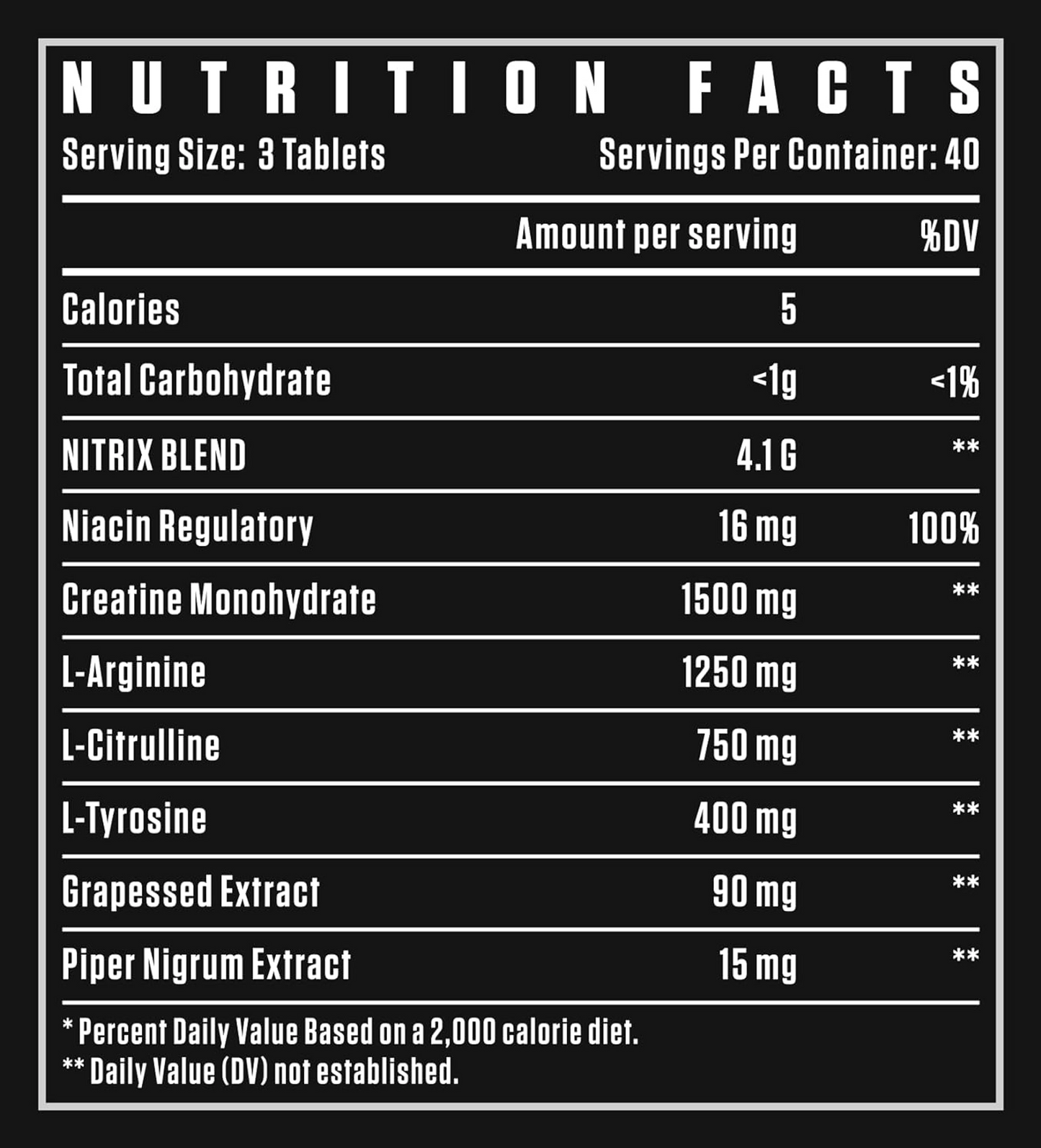 Nutrition Facts panel showing serving size 3 tablets, 40 servings per container, 5 calories per serving, less than 1g carbs, 4.1g Nitrix Blend including creatine monohydrate, L-arginine, and L-citrulline