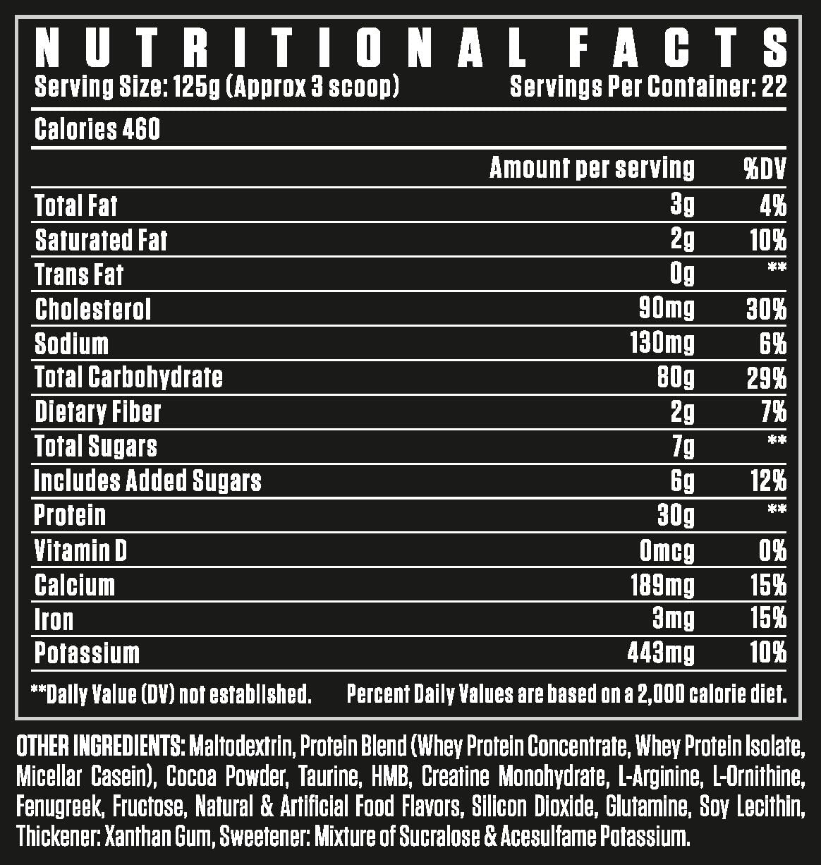Anabolic Lean Mass Builder – 460 Calorie/Serving (125g) with 3g Fat & 6g Added Sugar. Micellar Casein + Whey Blend for Sustained Recovery. 22-Serving Tub, nutritional facts