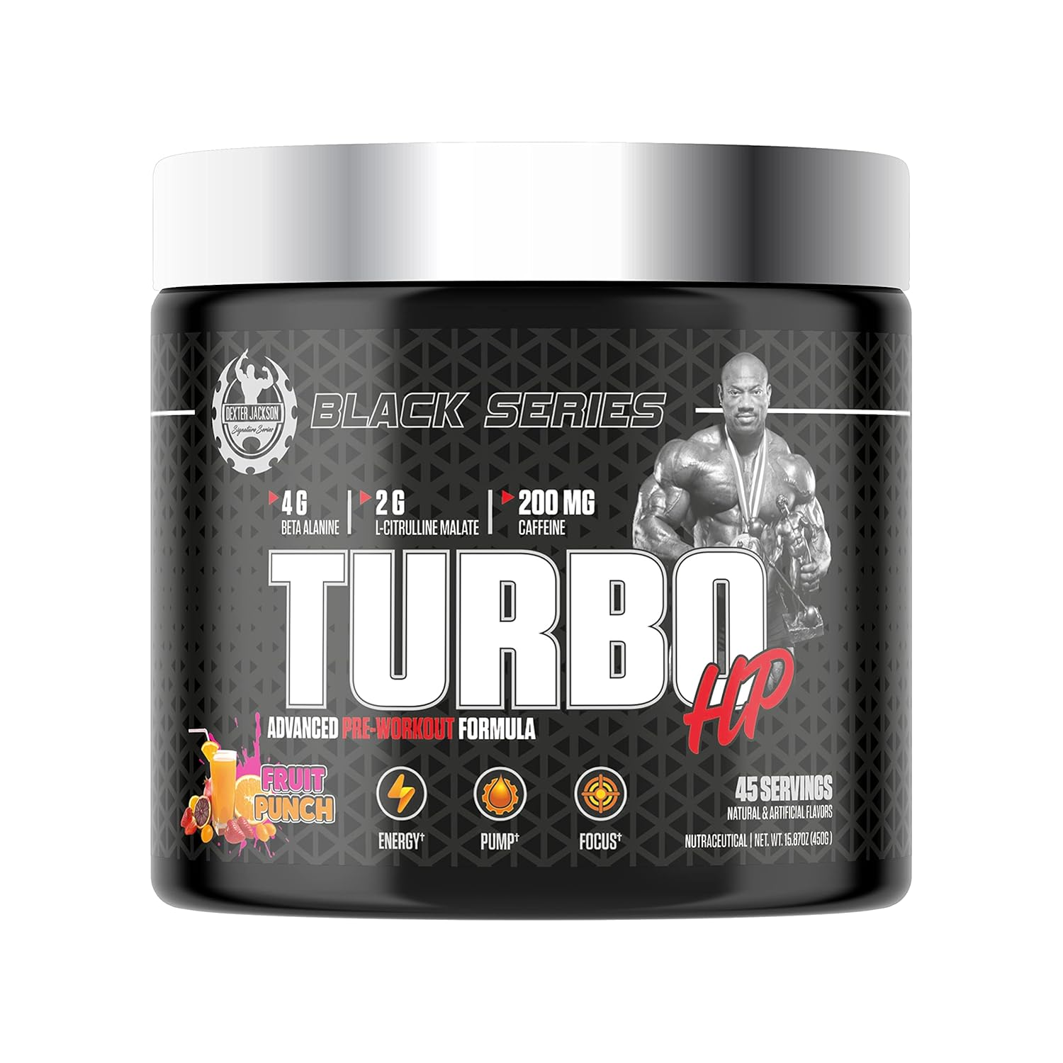 Black Series TURBO HP pre-workout in Fruit Punch Flavor, 45 servings, designed to boost energy, strength, and mental focus