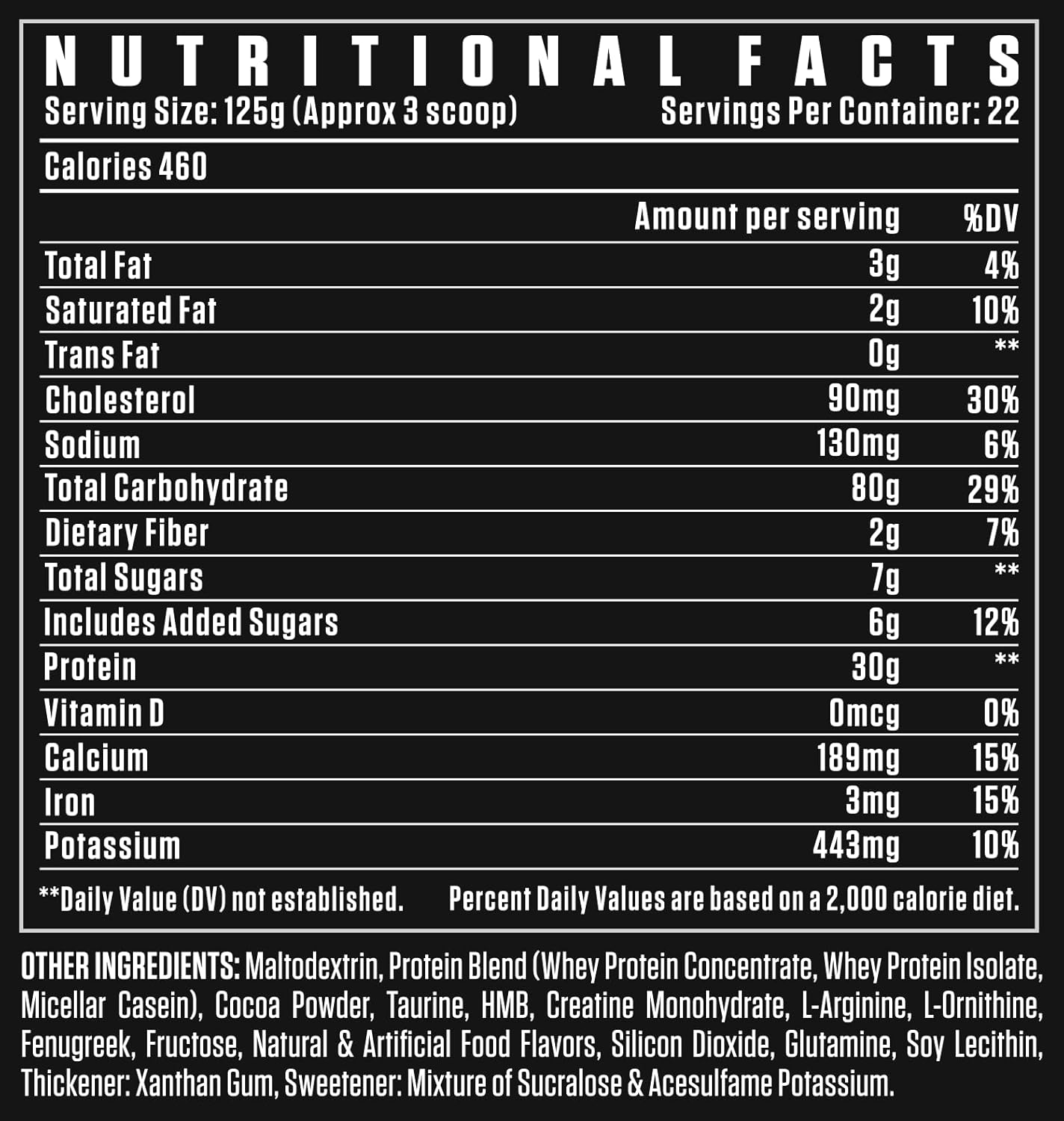 Anabolic Lean Mass Builder – 460 Calories/Serving with Micellar Casein & Whey Isolate. 443mg Potassium + 183mg Calcium for Recovery. 58-Serving Value, nutritional facts
