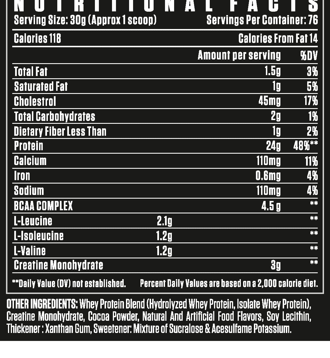 High-performance whey protein with BCAAs, creatine monohydrate, and 30g protein per serving – 76 servings per tub