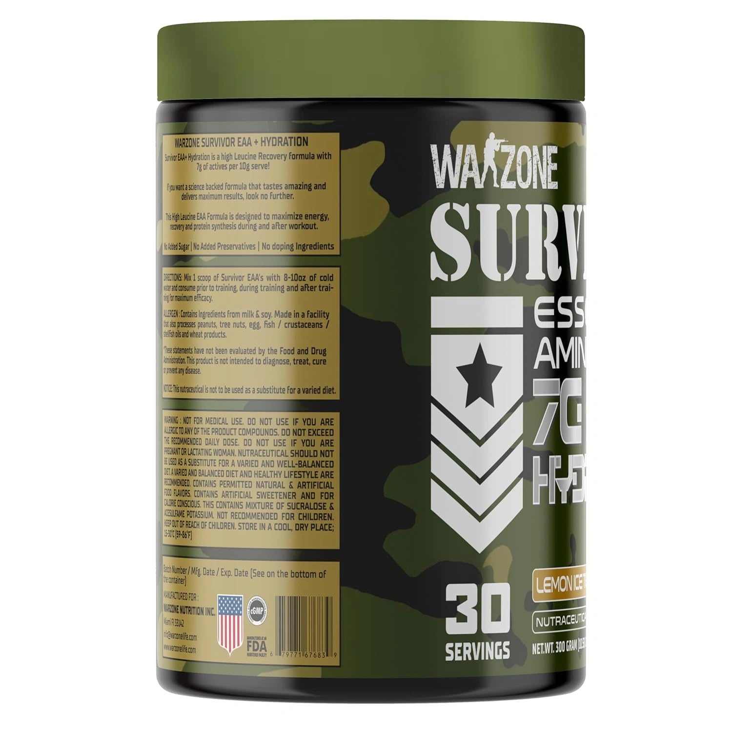 Supplement container labeled 'Warzone Survivo' with green and black design on a white background
